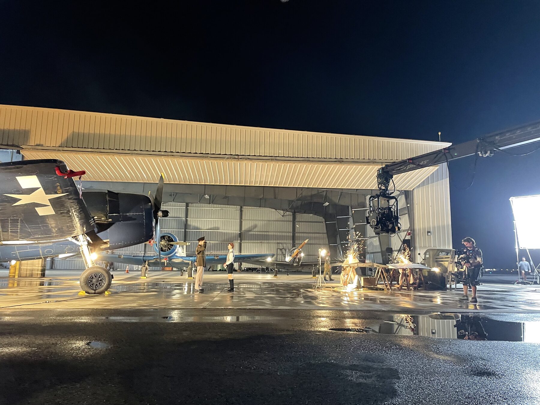 Night shoot inside a hangar with practical sparks