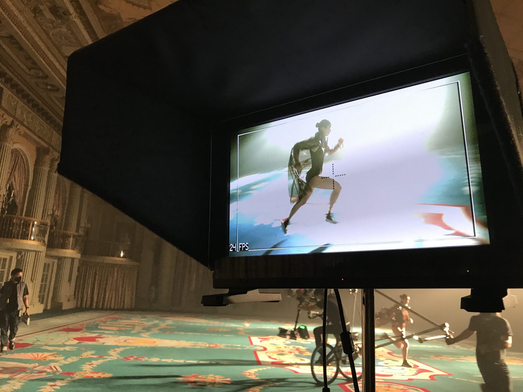 Monitor showing a greenscreen VFX reference plate