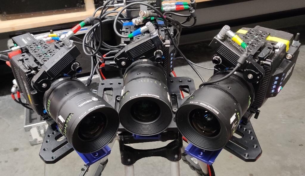 Close-up of a multi-lens camera rig
