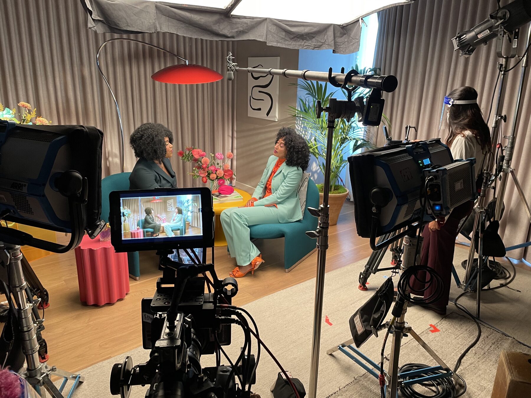 Colorful studio interview set for an episodic series