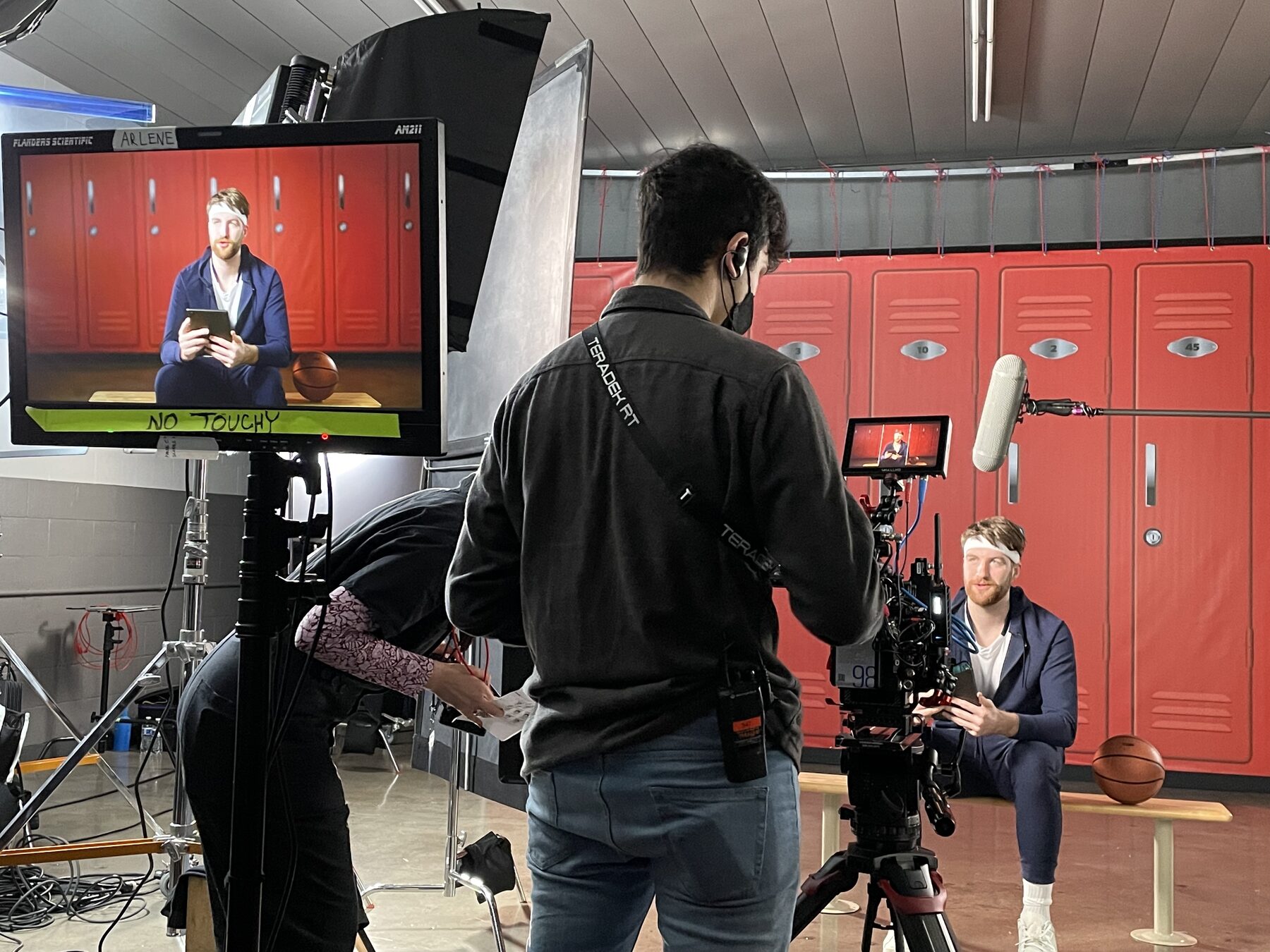 Athlete interview setup in a locker room for branded content